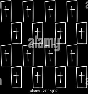 Pierre tombale blanche avec croix sur fond noir. Motif sans couture. Illustration du vecteur de ligne. Noir et blanc Illustration de Vecteur