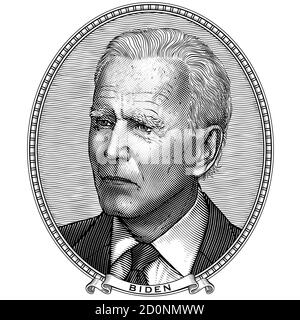 Joe Biden. Gravure vectorielle de style vintage. Portrait ovale du candidat démocrate à l'élection présidentielle aux États-Unis. Imprimer et apposer des autocollants. Illustration de Vecteur