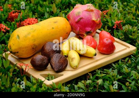 Indonésie Batam - fruits tropicaux indonésiens Papaya - Plum - Mangue - Salak (serpent) - Banana - Pitaya (Fruit du dragon) Banque D'Images