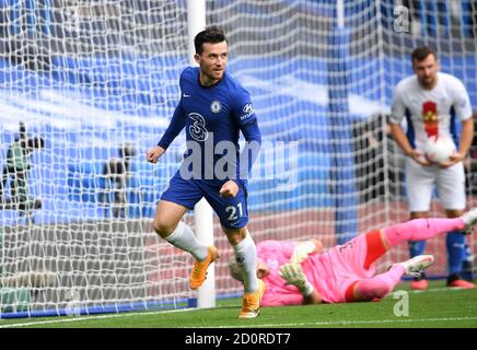 Ben Chilwell, de Chelsea, célèbre le premier but du match de sa partie lors du match de la Premier League à Stamford Bridge, Londres. Banque D'Images