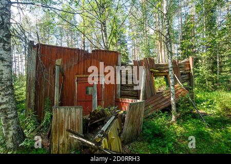 Vestiges d'une ancienne ferme en bois rouge effondrée dans la forêt à la campagne à l'été, Finlande Banque D'Images