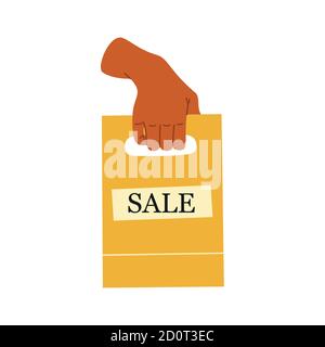 La main féminine peut contenir des achats ou des cadeaux. Affiche de vente. Sac à provisions, cadeaux. Illustration vectorielle dessinée à la main. Shopping, réductions, vente concept Illustration de Vecteur