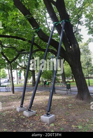 Cracovie. Cracovie. Pologne. Parc Planty. Ancien arbre supporté par des poteaux en acier à base de béton. Banque D'Images