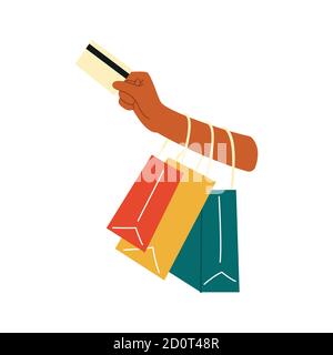 La main féminine peut contenir des achats ou des cadeaux. Affiche de vente. Sac à provisions, cadeaux. Illustration vectorielle dessinée à la main. Shopping, réductions, vente concept Illustration de Vecteur