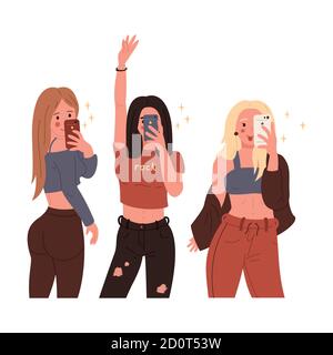 Ensemble de trois jeunes femmes élégantes prenant un selfie sur smartphone. Vue symétrique. Isolé sur fond beige. Vector tendance de couleur dessiné à la main Illustration de Vecteur