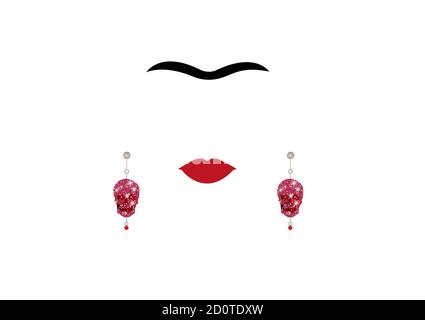 Portrait de la femme mexicaine ou espagnole minimaliste Frida Kahlo et boucles d'oreilles avec crâne de diamants , vecteur isolé sur blanc Illustration de Vecteur
