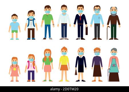 Famille portant un masque médical de protection pour prévenir le virus Wuhan Covid-19.Pad Maman fille fils portant un masque chirurgical Illustration de Vecteur