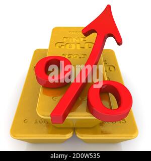 Croissance de la valeur de l'or. Trois lingots d'or fin 999.9 et un symbole de pourcentage rouge avec une flèche pointant vers le haut. Illustration 3D Banque D'Images