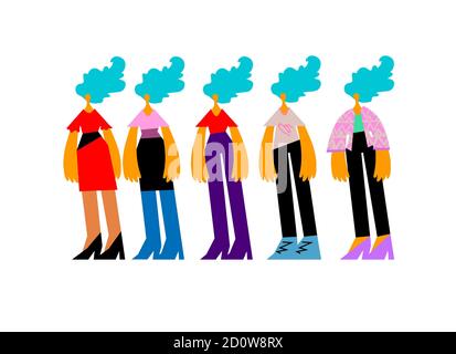 Jeune femme avec collection de vêtements. Guy dans différents styles de vêtements. Générateur de caractères. Banque D'Images