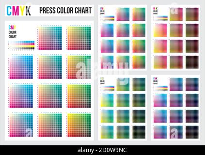 Tableau des couleurs de presse CMJN. Correspondance d'impression de processus CMJN. Le cyan, le magenta, le jaune et le noir sont des couleurs de base et d'autres couleurs ont été créées en les combinant Illustration de Vecteur