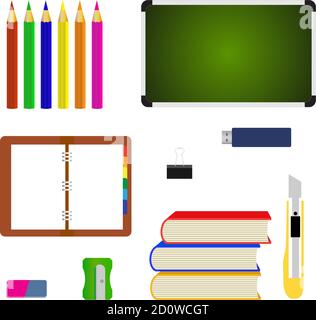 L'école fournit du matériel d'apprentissage et différentes fournitures scolaires des accessoires de bureau colorés. L'école fournit l'équipement et les icônes de retour à l'école Illustration de Vecteur