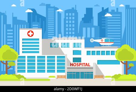 Concept médical hôpital de ville.construire une voiture d'ambulance et un hélicoptère. Illustration de Vecteur