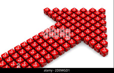 Vingt pour cent de croissance. Symbole de flèche fabriqué à partir de cubes. Flèche rouge composée de cubes rouges marqués de dix symboles de pourcentage. Isolé. Illustration 3D Banque D'Images