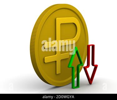 Dynamique du rouble russe. Pièce d'or avec le symbole de la monnaie russe (rouble) et des flèches (vert et rouge) sur la surface blanche. Illustration 3D Banque D'Images