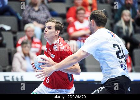 Aalborg, Danemark. 03ème octobre 2020. Jonas Samuelsson (3) du Handball d'Aalborg vu dans le match de la Ligue danoise de Handball entre le Handball d'Aalborg et le Handball de Skanderborg au Jutlander Bank Arena d'Aalborg. (Crédit photo : Gonzales photo/Alamy Live News Banque D'Images