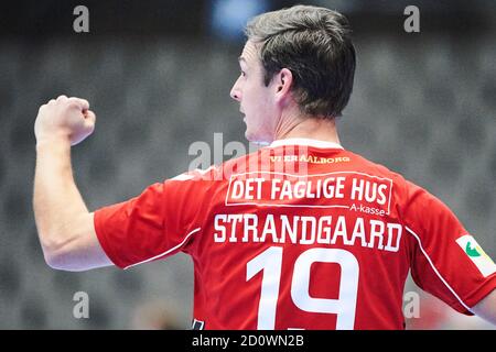 Aalborg, Danemark. 03ème octobre 2020. Mark Strandgaard (19) du Handball d'Aalborg vu dans le match de la Ligue danoise de Handball entre le Handball d'Aalborg et le Handball de Skanderborg au Jutlander Bank Arena d'Aalborg. (Crédit photo : Gonzales photo/Alamy Live News Banque D'Images