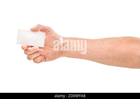 carte de visite vide dans une main mâle isolée sur blanc Banque D'Images