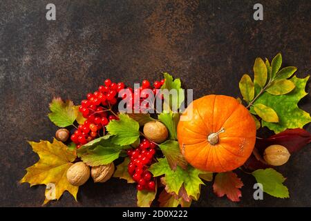 Arrière-plan saisonnier. Composition d'automne avec feuilles d'érable d'automne, citrouille, noix et baies sur fond d'ardoise. Vue de dessus fond plat avec c Banque D'Images