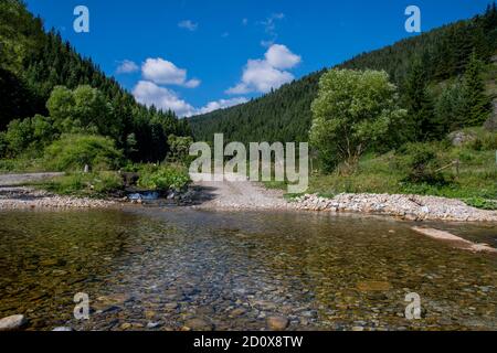 Une rivière d'eau claire avec des petites pierres visibles entre les sommets de montagne en Bulgarie. Beau paysage de la nature Banque D'Images