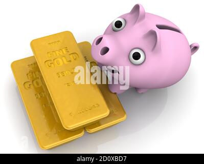 Économies financières en or. Trois lingots d'or fin 999.9 et une bonne banque de porc sur la surface blanche. Illustration 3D Banque D'Images