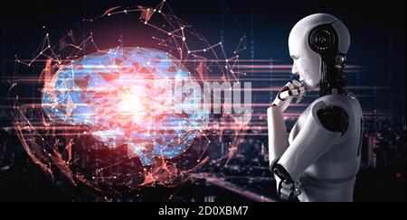 Penser IA humanoid robot analysant l'écran hologramme montrant le concept de l'IA cerveau et la pensée de l'intelligence artificielle par le processus d'apprentissage machine. 3D Banque D'Images