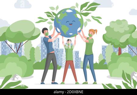 Famille, mère, père et fils dans des masques de visage tenant la planète Terre souriante heureuse avec des feuilles vecteur plat illustration. Soins écologiques, nature renouvelée pendant l'éclosion du coronavirus. Illustration de Vecteur