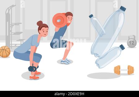 Homme et femme heureux dans les vêtements de sport faisant des exercices de sport dans le club de fitness vecteur plat illustration. Les gens qui font de l'entraînement et de regarder sur des bouteilles en plastique avec de l'eau propre. Concept de mode de vie actif. Illustration de Vecteur