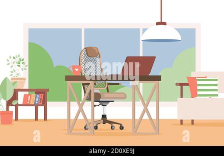 Espace de travail moderne, illustration de l'armoire vectorielle plate. Bureau à distance ou intérieur confortable. Chaise de travail, ordinateur portable, table, canapé et plantes d'intérieur en pots. Lieu de travail indépendant élégant. Illustration de Vecteur