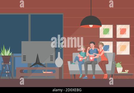 Famille regardant un film ou une émission de télévision sur une illustration à écran plat vectorielle. Mère, père et fils assis sur un canapé dans la salle de séjour et regardant un film. Temps en famille, passer du temps en soirée ensemble concept. Illustration de Vecteur