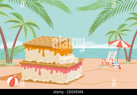 Grande glace savoureuse avec gaufres sur l'illustration de la plage d'été à vecteur plat. Heure d'été, concept de loisirs saisonniers. Plage de sable avec glace, parasol, balle, palmiers tropicaux et vagues. Illustration de Vecteur