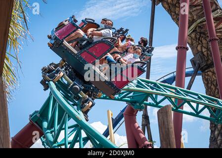 Les amateurs de sensations fortes apprécieront la Curse Cobras, une promenade en montagnes russes à élévation verticale et à l'exteme, à Busch Gardens Tampa Bay, à Tampa, en Floride. (ÉTATS-UNIS) Banque D'Images