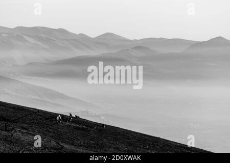 Certains chevaux silhouettes sur le dessus de la montagne Subasio, sur une mer de brume, le remplissage de la vallée de l'Ombrie Banque D'Images