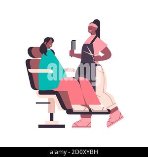 coiffeur faisant le style de cheveux à un client afro-américain dans la beauté illustration vectorielle isolée pleine longueur salon Illustration de Vecteur