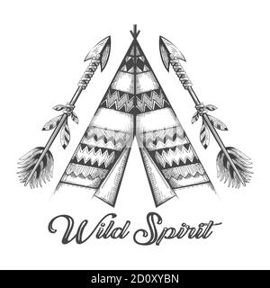 Wigwam dessiné à la main et tatouage tribal flèche. Motif Wigwam ornemental. Illustration vectorielle Illustration de Vecteur