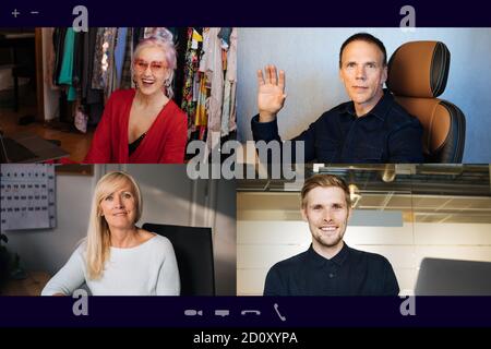 Télétravail de l'équipe de réunion virtuelle. Appel vidéo familial ordinateur de conférence à distance webcam vue écran. Des portraits variés et des photos de la maison Banque D'Images