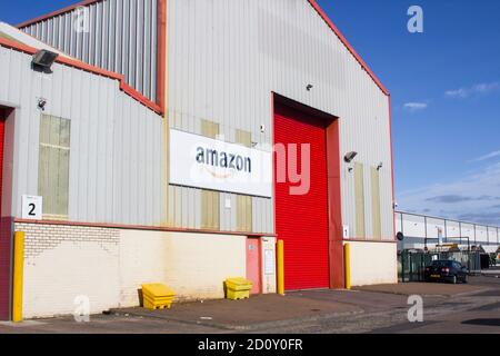 27 septembre 2020 l'entrée de l'entrepôt local Unité du géant de la vente au détail Amazon situé à Belfast Parc industriel du quartier Titanic i Banque D'Images
