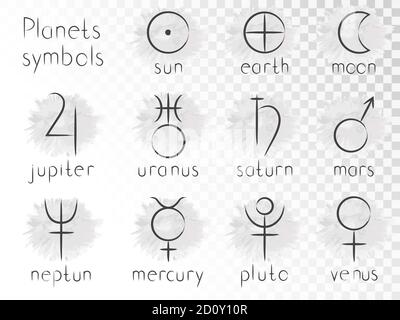 Ensemble vectoriel de symboles de planètes astrologiques. Éléments dessinés à la main. Collection de signes: soleil, terre, lune, saturne, uranus, neptune, jupiter, vénus, mars, pl Illustration de Vecteur