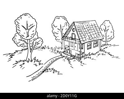 Illustration dessinée à la main d'une maison de campagne. Esquisse en noir et blanc. Illustration de Vecteur