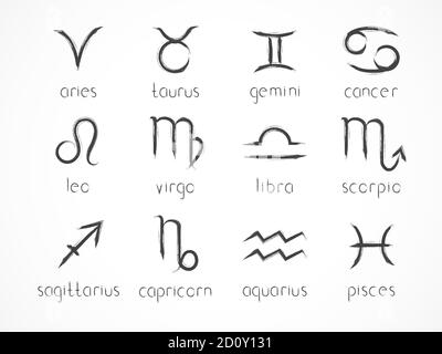 Ensemble vectoriel de signes du zodiaque. Éléments dessinés à la main. Collection de symboles de l'horoscope : bélier, taureau, gémeaux, cancer, lion, vierge, balance, scorpion, Sagitarius, Illustration de Vecteur