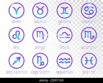 Ensemble vectoriel de signes du zodiaque autour des icônes sur un fond transparent. Collection de symboles d'horoscope. Illustration de Vecteur