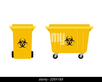 Ensemble de bacs et de conteneurs pour déchets biologiques dangereux. Panier à ordures et contenant jaunes avec symbole de danger biologique. Élimination des déchets médicaux et dangereux en toute sécurité. Vecteur, clip art Illustration de Vecteur