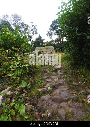 Le sentier au-dessus du pont Cromwell, Lancashire comme il était en septembre 2000. Cet ancien pont à cheval traverse le Hodder de la rivière près de Hurst Green dans la vallée de Ribble. Il a été construit vers 1561 par Sir Richard Shireburn du domaine de Stonyhurst (aujourd'hui Stonyhurst College). Le pont porte le nom d'Oliver Cromwell qui a défilé de Gisburn sur la Nouvelle Armée modèle pour combattre les Royalistes à la bataille de Preston. En août 1648. Bien que regardant dans les ruines, il est possible de le traverser par un sentier, bien que le pont n'a pas de murs latéraux pour protéger les marcheurs tombant dans la rivière Hodder en dessous. Banque D'Images