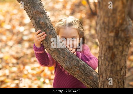 Jolie petite fille dans le parc d'automne avec des feuilles de couleur orange et de la citrouille jaune. Banque D'Images