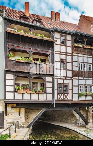 Vue sur les maisons à colombages du Kraemerbruecke (pont des marchands), Erfurt, Thuringe, Allemagne, Europe Banque D'Images