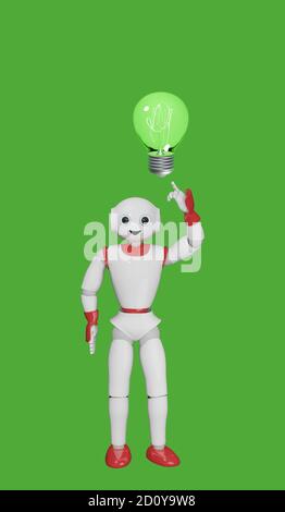 un robot mignon en 3d pointe son index vers une ampoule lumineuse. rendu 3d Banque D'Images