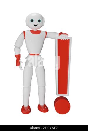 Le robot humanoïde repose sur un point d'exclamation. rendu 3d Banque D'Images