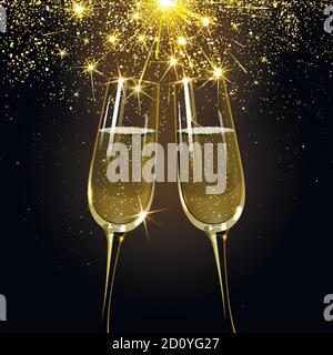 des verres de champagne sur le fond d'un feu d'artifice festif Illustration de Vecteur