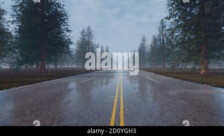 Pluie humide route vide nature paysage rendu 3d Banque D'Images