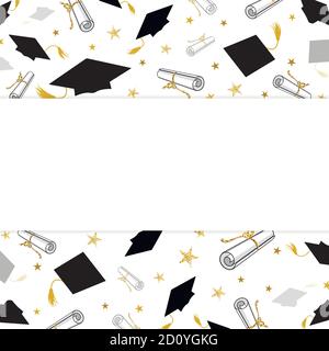 bannière de salutation de remise des diplômes avec des casquettes et des diplômes d'étudiants sur un arrière-plan blanc Illustration de Vecteur