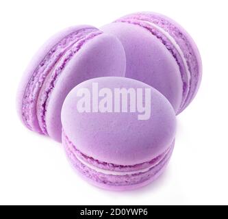 Trois macarons violets (myrtille ou mûre) isolés sur fond blanc Banque D'Images